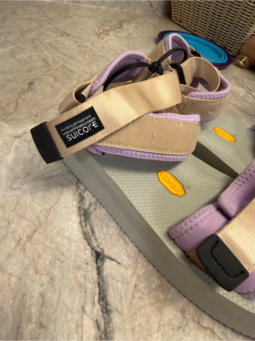 Suicoke Beige and Lavender Strapped Sandals